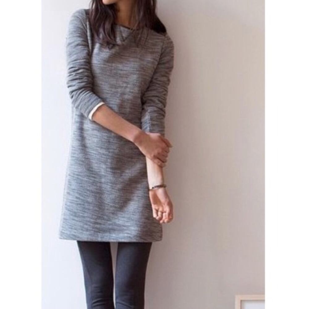 LOFT Knit Shift Dress Womens Size S Gray Faux Leather Trim Long Sleeve